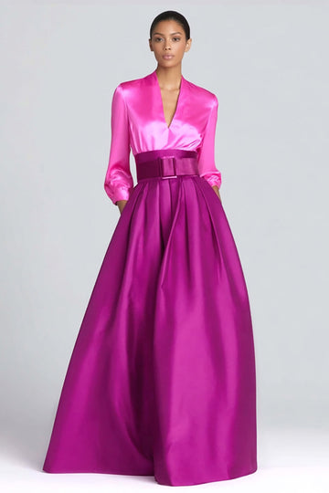 Fuchsia and Magenta Satin V-Neck A-Line Long Formal Dress with Sleeves